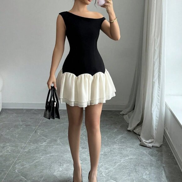 Dresses & Skirts - Black Casual Women's Woven Splicing Design Sleeveless Asymmetric Mini Dress